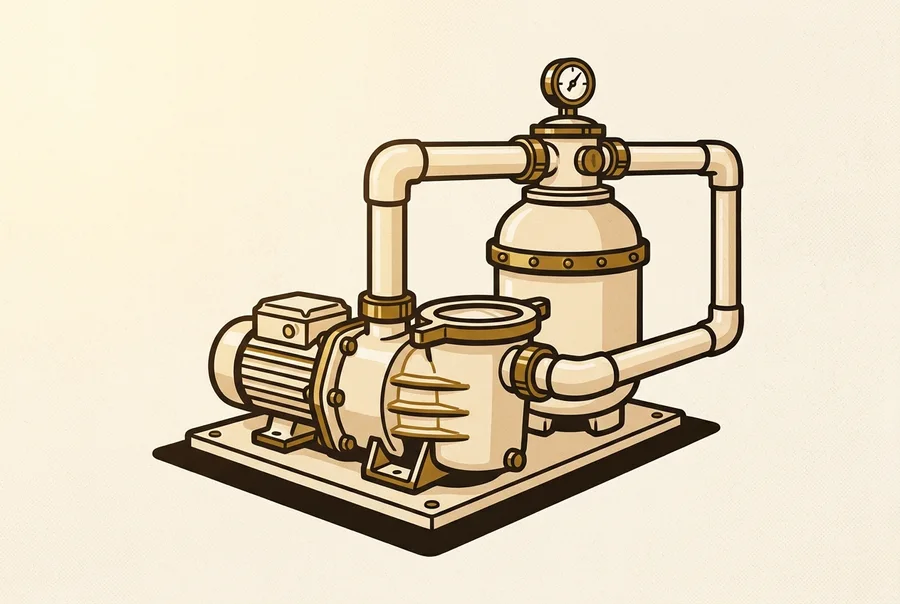 An illustrated pool pump and filter assembly with a pressure gauge, hand-painted sign-shop style, on a plain parchment ground.