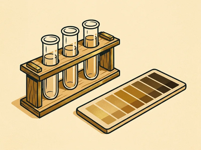 An illustrated test-vial rack beside a color-comparator card for pool water testing, hand-painted sign-shop style, on a plain parchment ground.